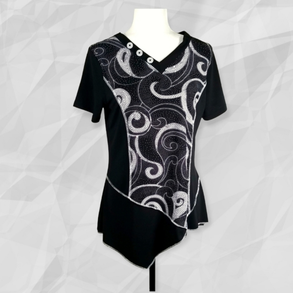 Fiori Women's Top Size S Graphic Pattern Asymmetric Hem V-Neck